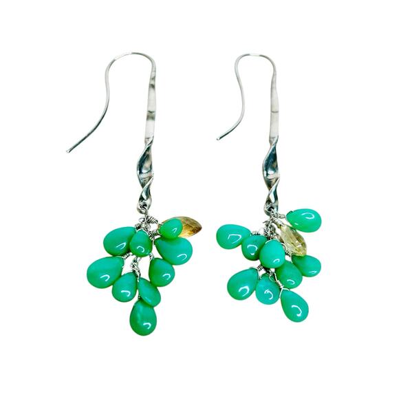 Fun Statement Long Hook Green Bead Cluster Silver Tone Earrings - Picture 2 of 3